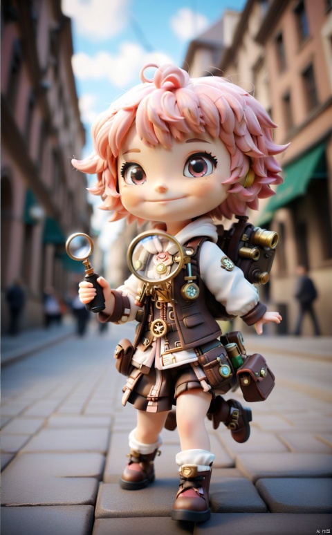  Masterpiece, Best Quality, High Resolution, PVC, Rendering, Chibi, High Resolution, Single Girl, Anya, Anya Forger, Steampunk Costume, Pink Hair, Bob Hair, Smile, Selfish, Chibi, Being Chased Around the City, One Hand Magnifying Glass , Smile, Smile, Self-Justice, Full Body, Chibi, 3D Figure, Toy, Doll, Character Print, Front View, Natural Light, ((Real)) Quality: 1.2)), Dynamic Pose, Cinematic Lighting, 3DIP, Sewing doll