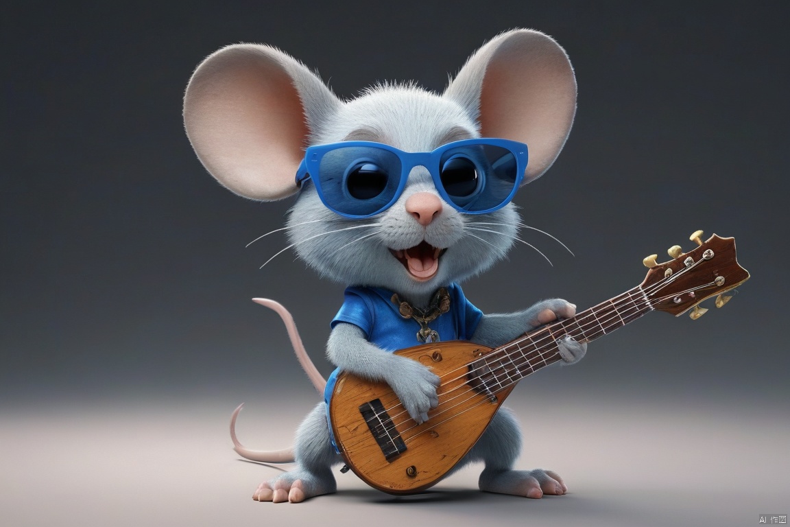  Surreality, a blue mouse Rex, (cute, wearing sunglasses), holding a concert, (playing lute, punk attire), rock music, 3D, C4D, smooth surface, exquisite details, mixed style,