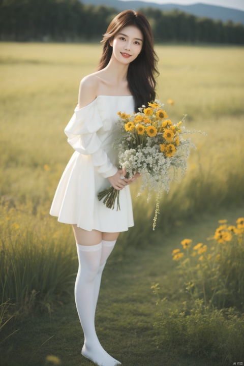  1girl,solo,smile,wearing a JK and holding a bouquet of vivid wildflowers,standing in a field of tall grass with a soft breeze blowing through. The scene should capture the whimsical and carefree style of Sakimichan,with a sense of peace and tranquility in the air
best quality,masterpiece,cute:1.2, FUJI, mLD, hy, white thighhighs,The background should be clear