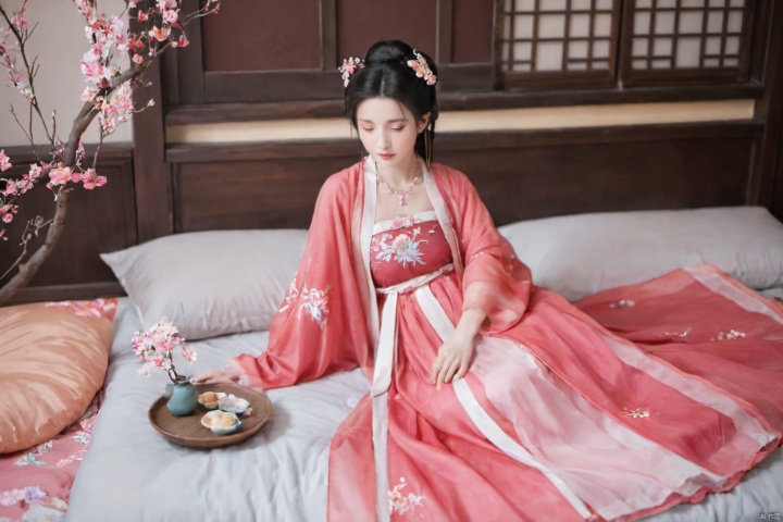  1girl, solo, long hair, black hair,Hairpins,necklace, hair ornament, long dress, full body, flower, earrings, indoors, hair bun, pink dress,(Tube top Hanfu long skirt:1.1), pillow, bed, night, chinese clothes, table, branch,daxiushan, ,daxiushan style,(huge breasts:1.6), (full breasts), realistic,hanfu, daxiushan,Shoulders are exposed, , daxiushan, arien_hanfu