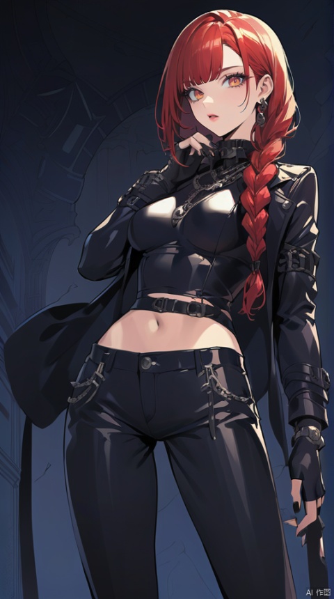  (best quality), ((masterpiece)), (highres), illustration, original, extremely detailed wallpaper.1girl, solo, makima \(chainsaw man\), black nails, chain, red hair, long hair, jacket, breasts, braid, bangs, black jacket, pants, braided ponytail, leather, gloves, black background, medium breasts, fingerless gloves, looking at viewer, black pants, Illustration