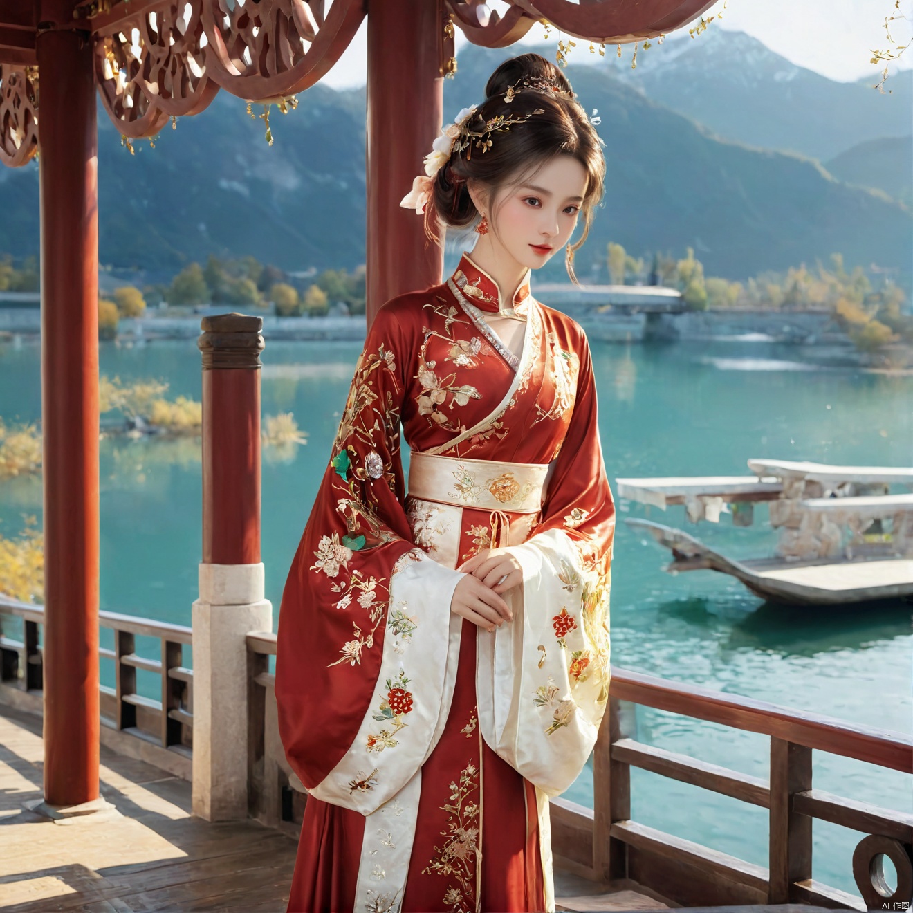  photorealistic,realistic,masterpiece,best quality,4k,,
A girl standing near the bridge over the lake, Wear new Chinese clothing that combines traditional Chinese Hanfu and modern clothing elements, Showing a unique oriental charm. Her clothes are mainly in red and white colors, With exquisite embroidery and beadwork, Showing the profound heritage of Chinese traditional culture. Her hairstyle is simple yet elegant, Wearing gorgeous hair accessories, Adds a splash of color to the overall look. Her makeup is delicate and elegant, Highlighting her natural beauty. Her eyes are bright and energetic, It seemed to be telling her inner story. Her skin is fair and delicate, Exudes a charming luster. Her figure is graceful and dignified, Exudes a noble temperament. She stood on the bridge by the lake, Behind you are the sparkling water and the mountains in the distance., It forms a beautiful picture. The sun shines on her body, Contrast between light and dark, highlighting her theme.