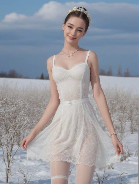  (((full body))), Realistic, masterpiece, highest quality, high resolution, extreme details, 1 girl, solo, bun, headdress, delicate eyes, beautiful face, shallow smile, delicate necklace, suspender dress, white lace dress, light gauze, snow-white skin, delicate skin texture, silver bracelet, pantyhose, high heels, elegant standing, outdoor, blue sky, white clouds, flowers, flowers, grass, movie light, light, light tracking, (Nikon AF-S 105mm f / 1.4E ED), Dasha Taran