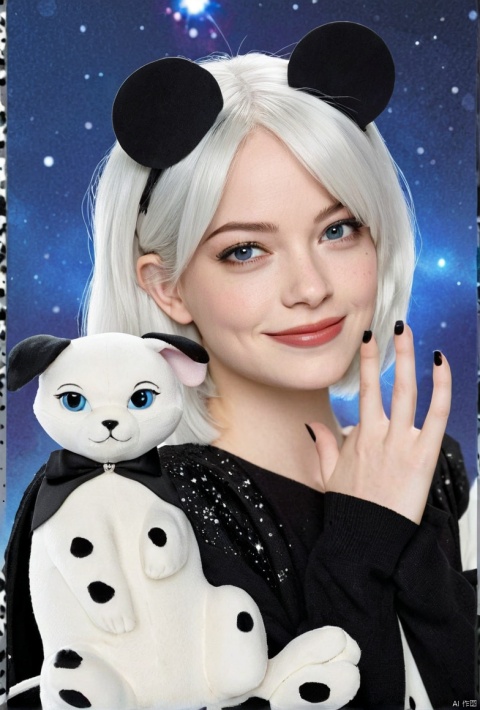  1girl, Cruella de Vil,Cruella,Emma Stone,Real person,cosplay,blue eyes, mole under eye,smile,hat,(Half black and half white hair),solo,looking away, stars background,Two hearts formed by fingers,twintails, cat ears,robot:1,dalmatians,
masterpiece:1.2,realistic:1.2,photo like image quality,super detailed,
