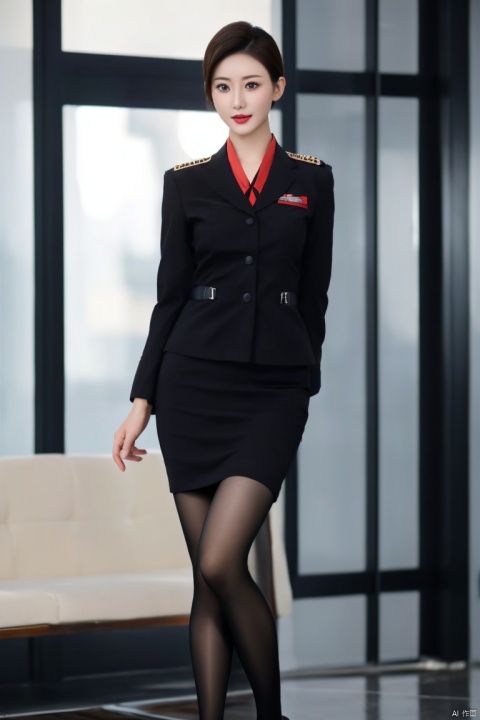 1girl,fashion model,female focus,(masterpiece, realistic, best quality, highly detailed, profession),asian,pretty,Charming eyes,exquisite facial features,short hair,skirt,aviation uniforms,black pantyhose,high heels,standing,indoors,full shot,blurry,plns,kongjie