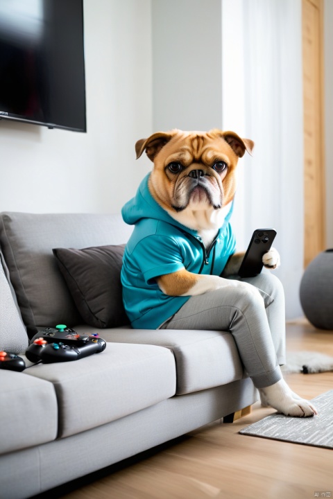  The protagonist dog, dressed in casual attire, in the bedroom, watching a large screen TV, playing game consoles, sitting on the sofa, upper body close-up