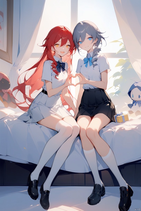  [[fu hua (phoenix)(honkai impact 3rd)]], nai3, 1girl, solo, blue eyes
{artist(askzy)}, 
, (masterpiece)
long hair, looking at viewer, smile, open mouth, bangs, blue eyes, multiple girls, skirt, shirt, thighhighs, dress, bow, 2girls, sitting, closed mouth, school uniform, full body, yellow eyes, white shirt, white hair, short sleeves, :d, heart, red hair, food, shoes, socks, indoors, black skirt, black footwear, kneehighs, bed, drill hair, twin drills, gift, doll, heart hands, summer uniform, heart hands duo, polo shirt