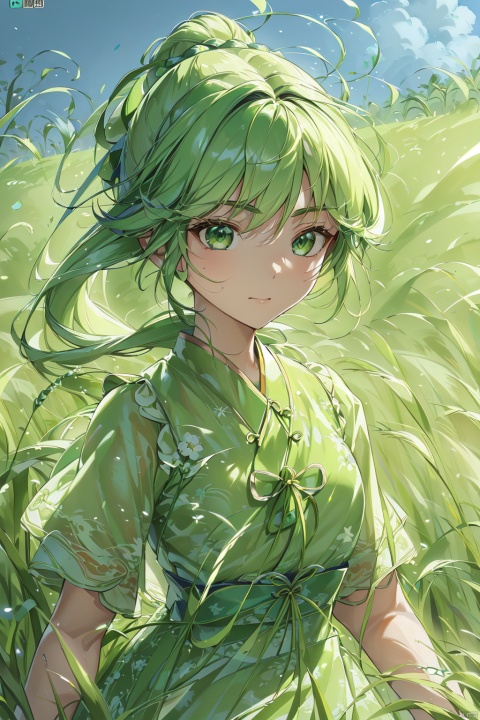 (grass:1.5),1girl,solo,cowboy_shot, the green haired girl is carrying flowers, in the style of anime-inspired character designs, light yellow and light white, 32k uhd, neo-traditional japanese, lively facial expressions, meme art, light azure and green, best quality, (\shen ming shao nv\), (\ji jian\)