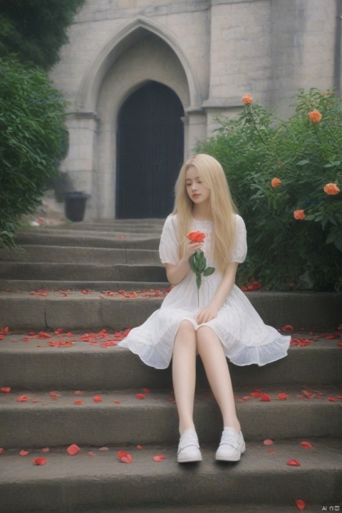  1girl, apple, blonde_hair, blood, book, bouquet, building, camellia, castle, cloud, cross, defloration, dress, falling_petals, flower, hibiscus, holding_flower, leaf, long_hair, orange_flower, outdoors, petals, pink_rose, plant, red_flower, red_rose, rose, rose_petals, sitting, sky, spider_lily, stairs, strawberry, thorns, tombstone, tower, tulip, vase, vines, watering_can, wind, (/qingning/), (\MBTI\)