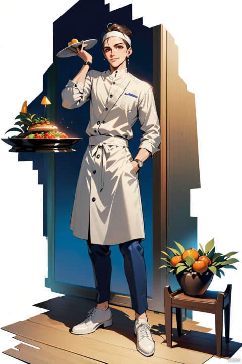  (best quality), ((masterpiece)), (highres), illustration, original, extremely detailed,jjj, 1boy, solo, one eye closed, male focus, white footwear, watch, wristwatch, full body, white background, jewelry, smile, standing, food, pants, apron, chef, simple background, holding, shoes, hand in pocket, looking at viewer, plate, headband, holding plate, bracelet, closed mouth, earrings, hand up, brown hair, black eyes, white headband, Illustration