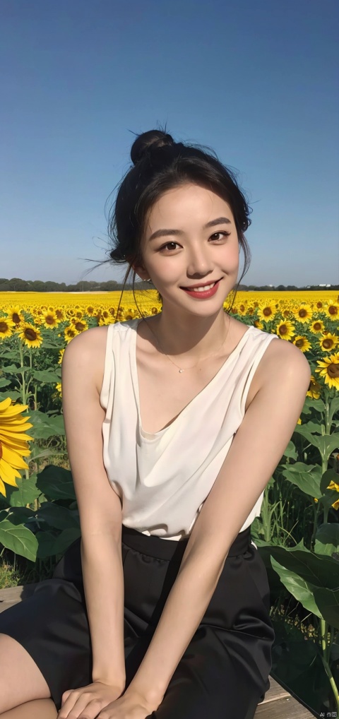  (masterpiece:1.2),(best quality:1.2),(high resolution:1.2)
 
CyberPanam, 1girl, solo, black hair, brown eyes, single hair bun, sitting in a sunflower field, smiling, sunlight, Joey Wong