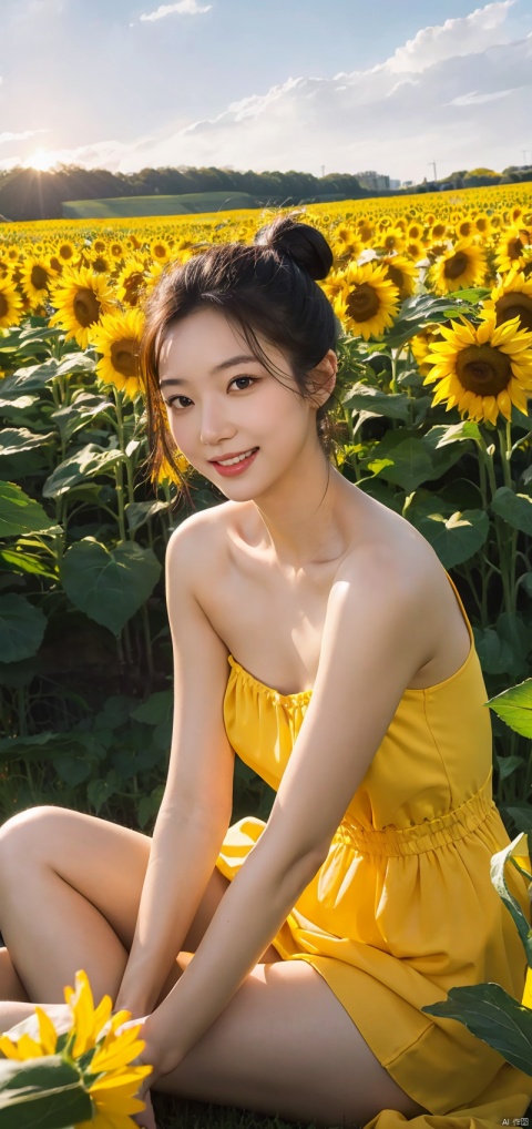  (masterpiece:1.2),(best quality:1.2),(high resolution:1.2)
 
CyberPanam, 1girl, solo, black hair, brown eyes, single hair bun, sitting in a sunflower field, smiling, sunlight