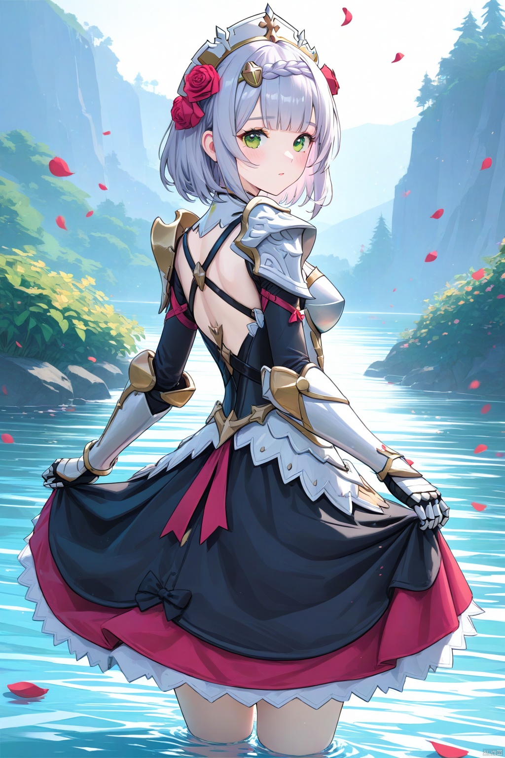  (masterpiece), (best quality), illustration, ultra detailed, hdr, Depth of field, (colorful),[Xnkzzmcz],[iumu],noelle (genshin impact), 1girl, solo, short hair, braid, armor, looking at viewer, green eyes, petals, wading, flower, skirt hold, rose, hair ornament, grey hair, maid headdress, looking back, water, shoulder armor, red rose, red flower, dress, maid, bangs, from behind, armored dress, gauntlets, hair flower, blush, standing
