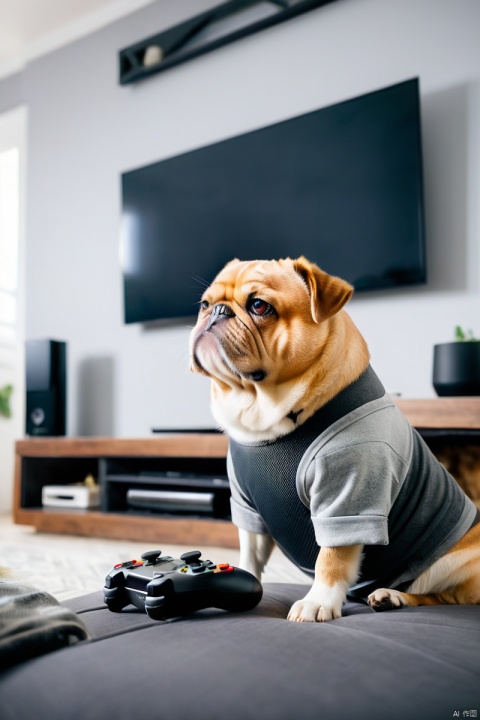  The protagonist dog, dressed in casual attire, in the bedroom, watching a large screen TV, playing game consoles, sitting on the sofa, upper body close-up