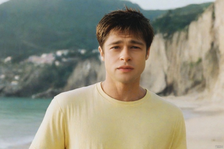  1man, beach,mountain,closeup shot,ahai,black-hair,yellow swim trunks,black eyes,(yellow t shirt:1.3),8k,head in the frame,asana,see through clothes, Brad Pitt