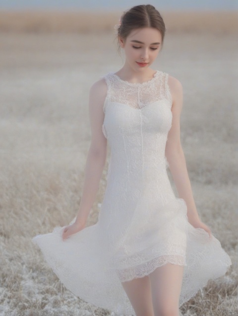  (((full body))), Realistic, masterpiece, highest quality, high resolution, extreme details, 1 girl, solo, bun, headdress, delicate eyes, beautiful face, shallow smile, delicate necklace, suspender dress, white lace dress, light gauze, snow-white skin, delicate skin texture, silver bracelet, pantyhose, high heels, elegant standing, outdoor, blue sky, white clouds, flowers, flowers, grass, movie light, light, light tracking, (Nikon AF-S 105mm f / 1.4E ED), Dasha Taran