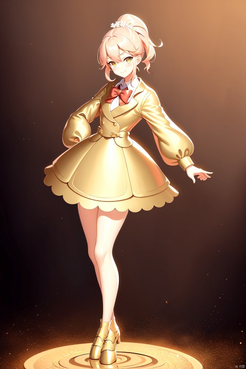  (best quality), ((masterpiece)), (highres),standing, (an extremely delicate and beautiful),(loli：1.2),(petite:1.2),Pink hair,Yellow eyes, (red Jacket),high ponytail,white collared shirt,hair flower,fipped hair,floating hair,Frown,hands in pockets,black dress,red bowtie,(solo),smile, solo, , Golden body_Golden man