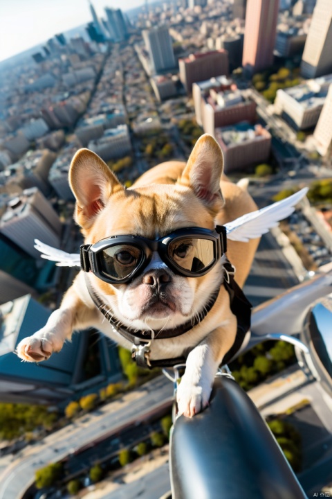  Host dog, gliding in the air, goggles, gliding wings, looking at the camera, top-down angle, city background, ultra wide angle