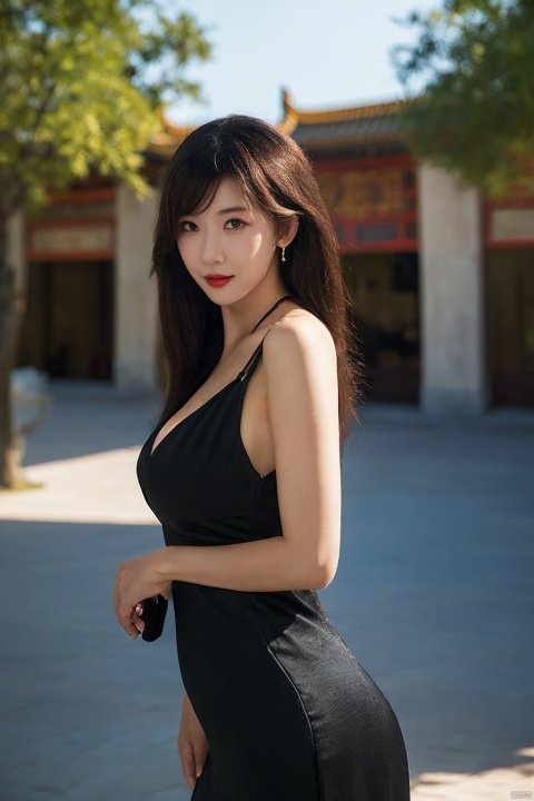  (global illumination, reality,ray tracing, HDR, unreal rendering, reasonable design, high detail, masterpiece,best quality, ultra high definition, movie lighting),
1girl,outdoor,looking_at_viewer,side_blunt_bangs,china_dress,chinese_style,big breasts,pose,solo,1girl,black hair,black eyes, 
