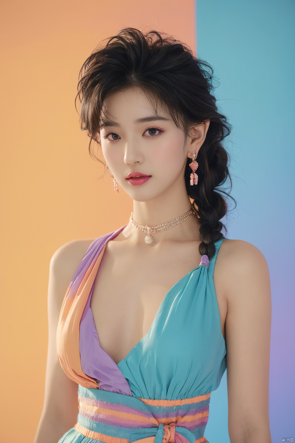 purple collar,  1girl, solo, cleavage, looking at viewer,Low cut evening gown,black hair, jewelry, closed mouth, earrings,lips, makeup, lipstick, portrait, French braid,realistic,exposure blend, medium shot, bokeh, (hdr:1.4), high contrast, (cinematic, teal and orange:0.85), (muted colors, dim colors, soothing tones:1.3), low saturation, 80sDBA style, Toodles Galore, Kolak_blk, gradient