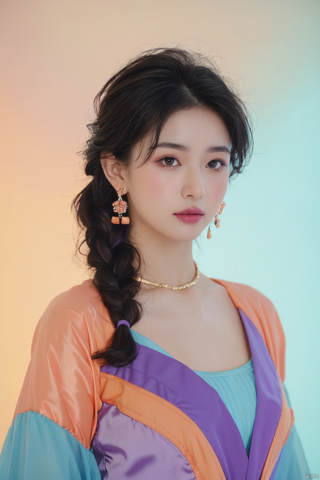purple collar,  1girl, solo, cleavage, looking at viewer,Low cut evening gown,black hair, jewelry, closed mouth, earrings,lips, makeup, lipstick, portrait, French braid,realistic,exposure blend, medium shot, bokeh, (hdr:1.4), high contrast, (cinematic, teal and orange:0.85), (muted colors, dim colors, soothing tones:1.3), low saturation, 80sDBA style, Toodles Galore, Kolak_blk, gradient