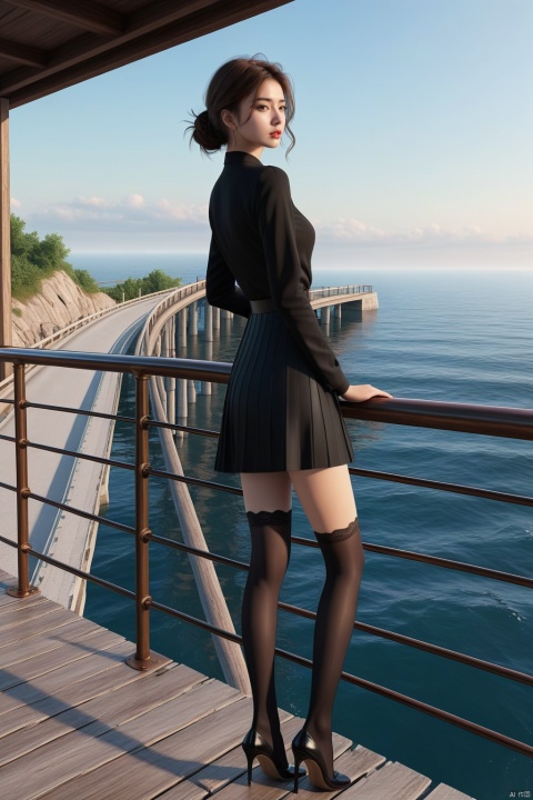  Girl in black stockings standing on the bridge looking at the sea, The style is realistic and stylized, cabincore, animated gif, atmospheric device, light gray and bronze, painting, rinpa school