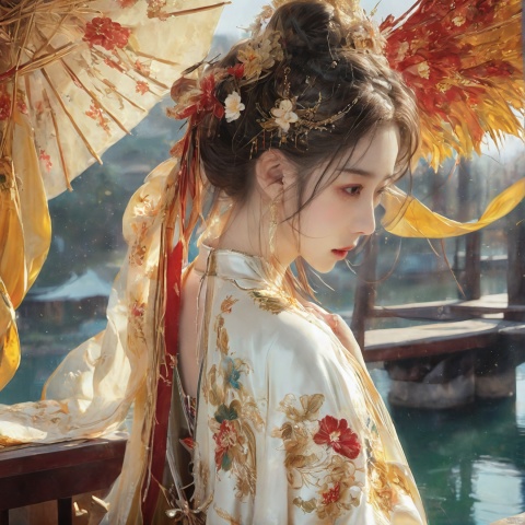  photorealistic,realistic,masterpiece,best quality,4k,,
A girl standing near the bridge over the lake, Wear new Chinese clothing that combines traditional Chinese Hanfu and modern clothing elements, Showing a unique oriental charm. Her clothes are mainly in red and white colors, With exquisite embroidery and beadwork, Showing the profound heritage of Chinese traditional culture. Her hairstyle is simple yet elegant, Wearing gorgeous hair accessories, Adds a splash of color to the overall look. Her makeup is delicate and elegant, Highlighting her natural beauty. Her eyes are bright and energetic, It seemed to be telling her inner story. Her skin is fair and delicate, Exudes a charming luster. Her figure is graceful and dignified, Exudes a noble temperament. She stood on the bridge by the lake, Behind you are the sparkling water and the mountains in the distance., It forms a beautiful picture. The sun shines on her body, Contrast between light and dark, highlighting her theme.