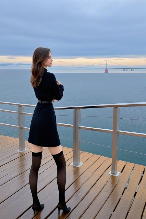  Girl in black stockings standing on the bridge looking at the sea, The style is realistic and stylized, cabincore, animated gif, atmospheric device, light gray and bronze, painting, rinpa school, Dasha Taran