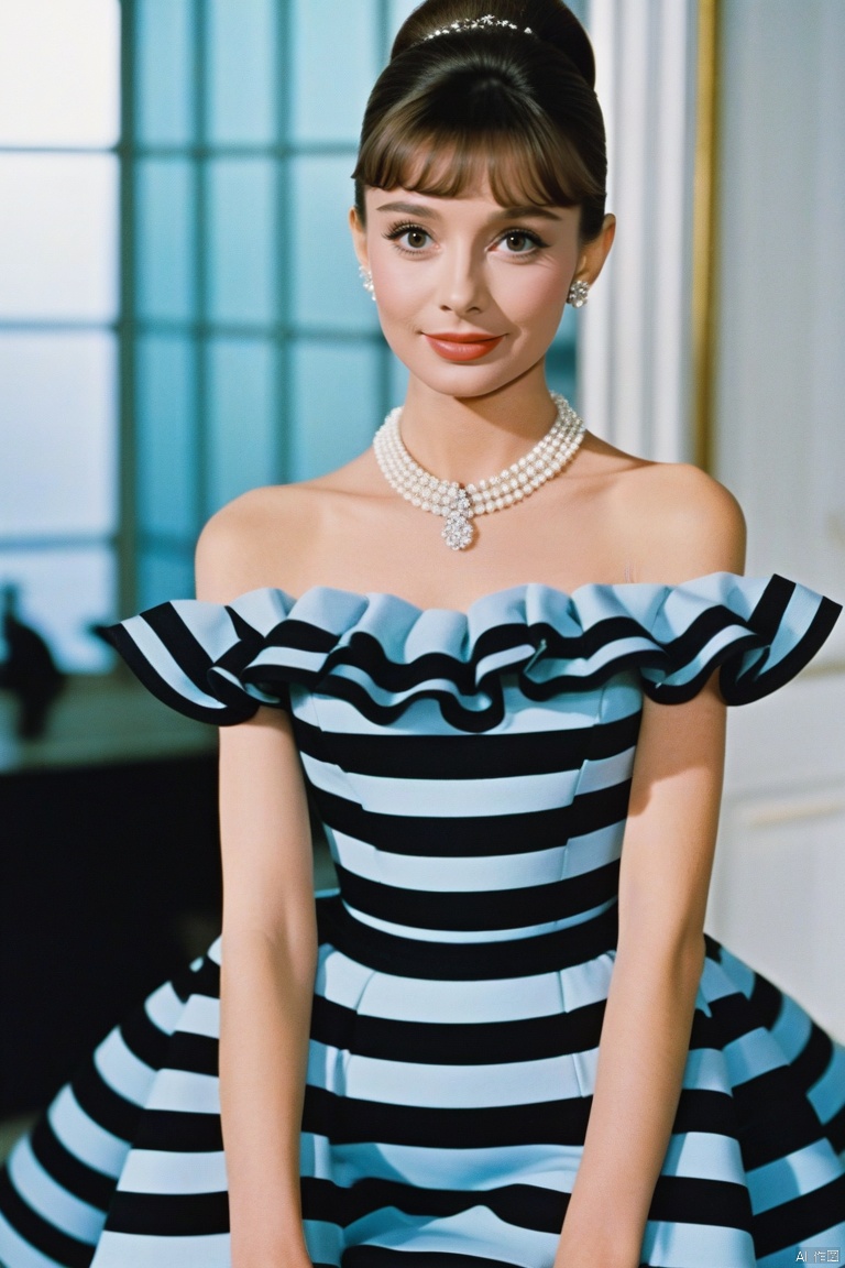  (masterpiece, best quality, hyper realistic, raw photo, ultra detailed, extremely detailed, intricately detailed), (photorealistic:1.4), (photography of Audrey Hepburn wearing a fashionable Striped off-the-shoulder ruffle hem dress, designed by Hubert de Givenchy, ), (smile), fairy, pure, innocent, beauty, (slender), super model, adr, Breakfast at Tiffany's, Sabrina, (glide_fashion), depth of field, (fullshot),filmgrain,zeisslens,symmetrical,8kresolution,octanerender(OC渲染),extremelyhigh-resolutiondetails,finetexture,dynamicangle,fashion(时尚), fashion,,