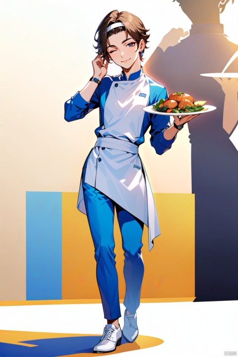 (best quality), ((masterpiece)), (highres), illustration, original, extremely detailed,jjj, 1boy, solo, one eye closed, male focus, white footwear, watch, wristwatch, full body, white background, jewelry, smile, standing, food, pants, apron, chef, simple background, holding, shoes, hand in pocket, looking at viewer, plate, headband, holding plate, bracelet, closed mouth, earrings, hand up, brown hair, black eyes, white headband, Illustration