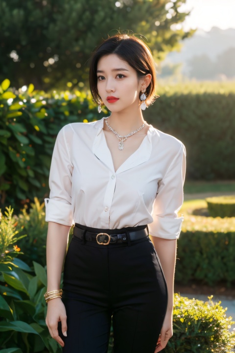  sunshine, 1girl, jewelry, earrings, solo, lipstick, black_hair, short_hair, makeup, red_lips,shirt,fancy brooch,pants, bracelet, black_pants, cowboy_shot, Realistic, masterpiece, highest quality, high resolution,dundar,moyou, dyzgqzm, qingsha,