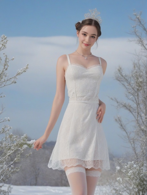  (((full body))), Realistic, masterpiece, highest quality, high resolution, extreme details, 1 girl, solo, bun, headdress, delicate eyes, beautiful face, shallow smile, delicate necklace, suspender dress, white lace dress, light gauze, snow-white skin, delicate skin texture, silver bracelet, pantyhose, high heels, elegant standing, outdoor, blue sky, white clouds, flowers, flowers, grass, movie light, light, light tracking, (Nikon AF-S 105mm f / 1.4E ED), Dasha Taran