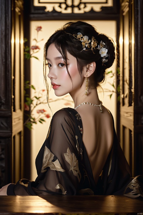  (masterpiece, best quality, highres:1.2),breathtaking,Frontal photography,in a black dress, with a backless top, captured by a Canon EOS 6D Mark II, showcasing her shoulders from the back, a young beautiful woman, seen from behind, evoking a cinematic experience. The artwork is created by Leng Jun, with emphasis on the subject's bare back and the play of backlighting, taken with a Canon EOS 5D Mark IV. The woman has short hair and exudes an aura of elegance.
