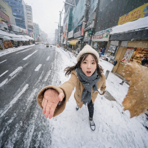 1girl,Exaggerated perspective , ultra wide shot,reaching out hand,foreshortening, on the tokyo street, realistic, highres, female focus, solo,snowy day, scarf, hat, flying snow,fish-eye len,fish eye angle