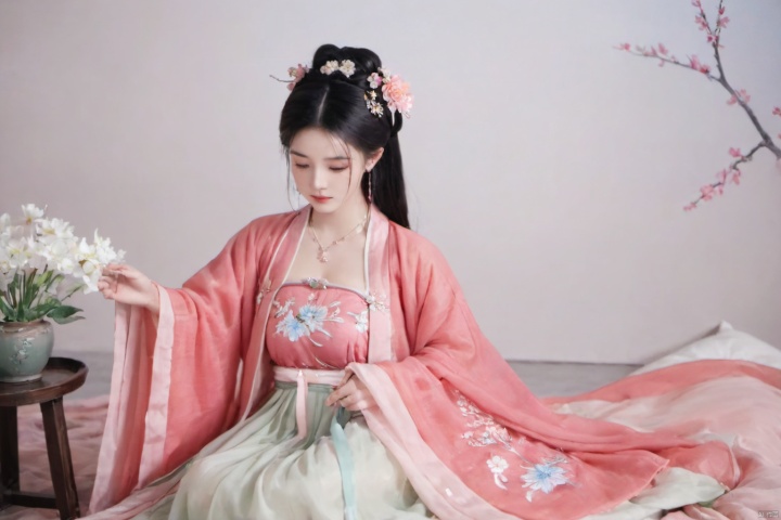  1girl, solo, long hair, black hair,Hairpins,necklace, hair ornament, long dress, full body, flower, earrings, indoors, hair bun, pink dress,(Tube top Hanfu long skirt:1.1), pillow, bed, night, chinese clothes, table, branch,daxiushan, ,daxiushan style,(huge breasts:1.6), (full breasts), realistic,hanfu, daxiushan,Shoulders are exposed, , daxiushan, arien_hanfu