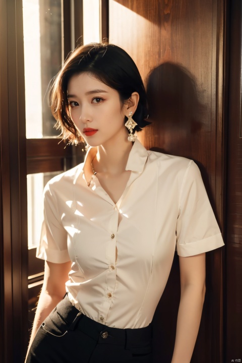  sunshine, 1girl, jewelry, earrings, solo, lipstick, black_hair, short_hair, makeup, red_lips,shirt,fancy brooch,pants, bracelet, black_pants, cowboy_shot, Realistic, masterpiece, highest quality, high resolution,dundar,moyou, dyzgqzm, qingsha,