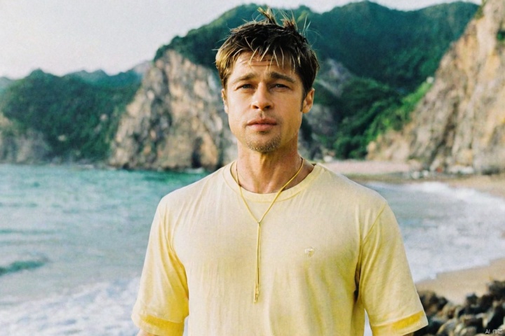  1man, beach,mountain,closeup shot,ahai,black-hair,yellow swim trunks,black eyes,(yellow t shirt:1.3),8k,head in the frame,asana,see through clothes, Brad Pitt
