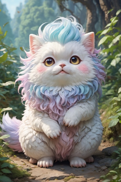  fantasy world view, Adorable animal fictional giant, Creatures with pastel colored hair, fluffy, Plump, round eyes, (best quality, perfect masterpiece, Representative work, official art, Professional, byyue, high details, Ultra intricate detailed:1.3)