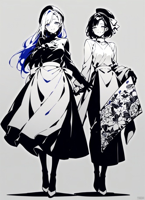  2girls, apron, black_headwear, closed_eyes, closed_mouth, dress, facing_viewer, floral_print, floral_print_apron, full_body, gloves, gradient_background, greyscale, hand_on_own_chest, hand_on_own_face, hat, high_heels, holding, long_hair, long_skirt, long_sleeves, looking_at_viewer, monochrome, multiple_girls, nakko_(7nt5ta), parted_bangs, ribbon, scroll, short_hair, skirt, smile, standing, white_background, white_headwear, best quality, masterpiece, nai3, Illustration
