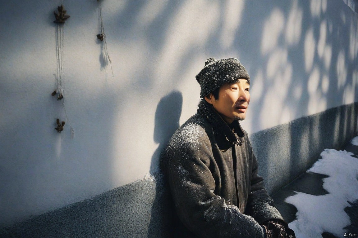  The snow is falling profusely, and a cold city wall, 1beggar is looking up at the wall outside. The ground is covered in snow, with snowflakes falling one by one, Camera capture, realistic, photography works, perfect composition, and a sense of hierarchy of light and shadow, Full of cinematic feeling,Chinese