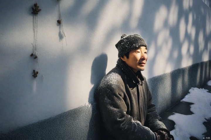  The snow is falling profusely, and a cold city wall, 1beggar is looking up at the wall outside. The ground is covered in snow, with snowflakes falling one by one, Camera capture, realistic, photography works, perfect composition, and a sense of hierarchy of light and shadow, Full of cinematic feeling,Chinese