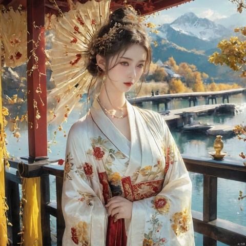  photorealistic,realistic,masterpiece,best quality,4k,,
A girl standing near the bridge over the lake, Wear new Chinese clothing that combines traditional Chinese Hanfu and modern clothing elements, Showing a unique oriental charm. Her clothes are mainly in red and white colors, With exquisite embroidery and beadwork, Showing the profound heritage of Chinese traditional culture. Her hairstyle is simple yet elegant, Wearing gorgeous hair accessories, Adds a splash of color to the overall look. Her makeup is delicate and elegant, Highlighting her natural beauty. Her eyes are bright and energetic, It seemed to be telling her inner story. Her skin is fair and delicate, Exudes a charming luster. Her figure is graceful and dignified, Exudes a noble temperament. She stood on the bridge by the lake, Behind you are the sparkling water and the mountains in the distance., It forms a beautiful picture. The sun shines on her body, Contrast between light and dark, highlighting her theme.