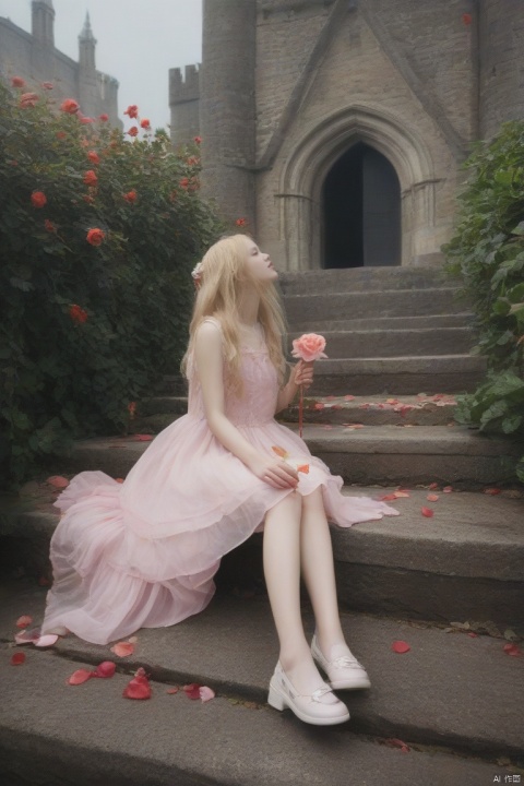  1girl, apple, blonde_hair, blood, book, bouquet, building, camellia, castle, cloud, cross, defloration, dress, falling_petals, flower, hibiscus, holding_flower, leaf, long_hair, orange_flower, outdoors, petals, pink_rose, plant, red_flower, red_rose, rose, rose_petals, sitting, sky, spider_lily, stairs, strawberry, thorns, tombstone, tower, tulip, vase, vines, watering_can, wind, (/qingning/), (\MBTI\)
