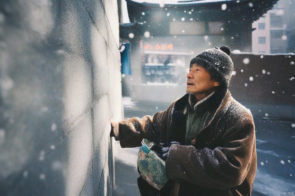  The snow is falling profusely, and a cold city wall, 1beggar is looking up at the wall outside. The ground is covered in snow, with snowflakes falling one by one, Camera capture, realistic, photography works, perfect composition, and a sense of hierarchy of light and shadow, Full of cinematic feeling,Chinese