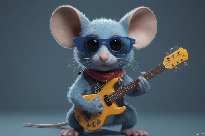  Surreality, a blue mouse Rex, (cute, wearing sunglasses), holding a concert, (playing lute, punk attire), rock music, 3D, C4D, smooth surface, exquisite details, mixed style,