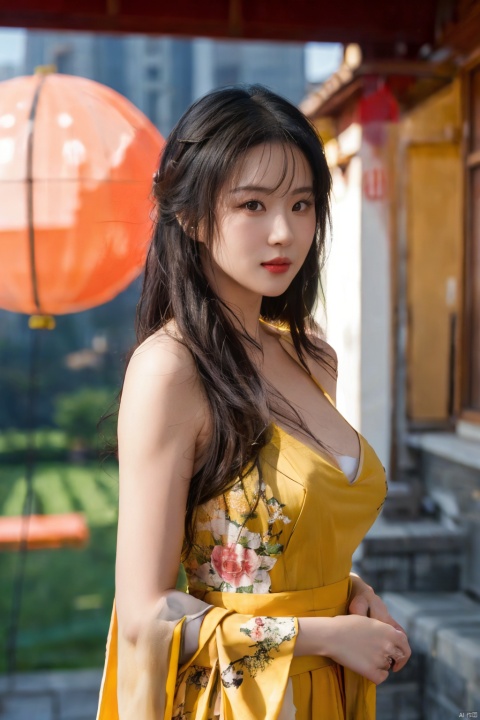  (global illumination, reality,ray tracing, HDR, unreal rendering, reasonable design, high detail, masterpiece,best quality, ultra high definition, movie lighting),
1girl,outdoor,looking_at_viewer,side_blunt_bangs,china_dress,chinese_style,big breasts,pose,solo,1girl,black hair,black eyes, ,xieshi,,写实, hanfu