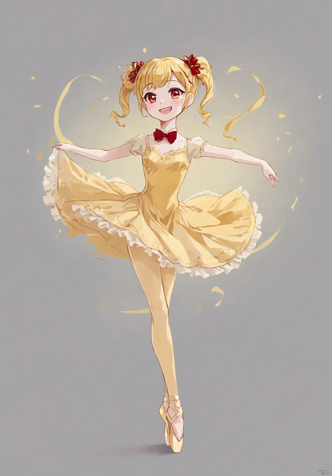 (best quality), ((masterpiece)), (highres),standing,original, extremely detailed wallpaper, (an extremely delicate and beautiful),(petite:1.2),yellow hair,red eyes,twin_tails,hair flower,fipped hair,floating hair,red bowtie, white dance dress,simple drawing,detailed background,elegant,smiling,dancing pose,dancing,ballet,tiara the result is a culturally rich portrayal that celebrates beauty, grace, and the uplifting emotions brought forth by the art of ballet,leg up:0.3, yellow tone color,full body,