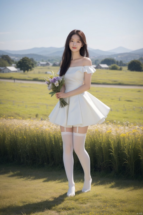  1girl,solo,smile,wearing a JK and holding a bouquet of vivid wildflowers,standing in a field of tall grass with a soft breeze blowing through. The scene should capture the whimsical and carefree style of Sakimichan,with a sense of peace and tranquility in the air
best quality,masterpiece,cute:1.2, FUJI, mLD, hy, white thighhighs,The background should be clear