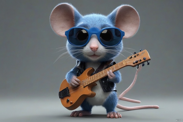  Surreality, a blue mouse Rex, (cute, wearing sunglasses), holding a concert, (playing lute, punk attire), rock music, 3D, C4D, smooth surface, exquisite details, mixed style,