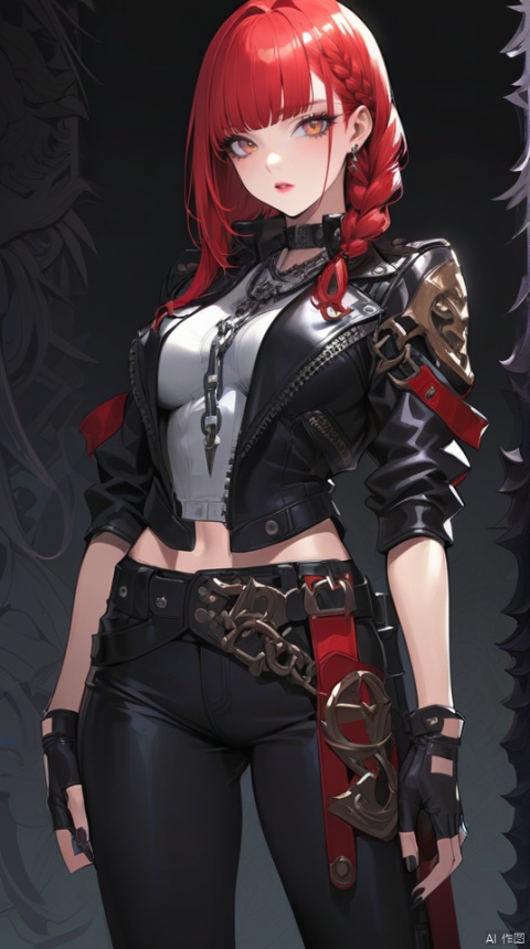  (best quality), ((masterpiece)), (highres), illustration, original, extremely detailed wallpaper.1girl, solo, makima \(chainsaw man\), black nails, chain, red hair, long hair, jacket, breasts, braid, bangs, black jacket, pants, braided ponytail, leather, gloves, black background, medium breasts, fingerless gloves, looking at viewer, black pants